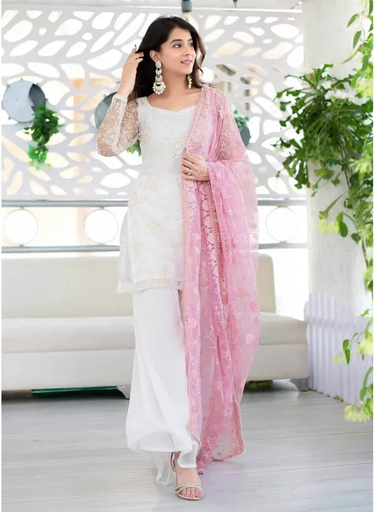 白色 Kurta 連粗針花樣 Dupatta（3 件組合套裝）